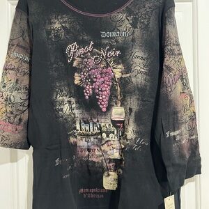 Black Graphic Wine-Themed Top